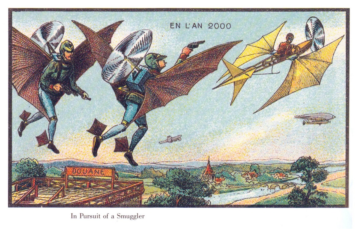 En L'An 2000: Aerial Customs Police Chase a Smuggler, French Chromolithograph c.1900