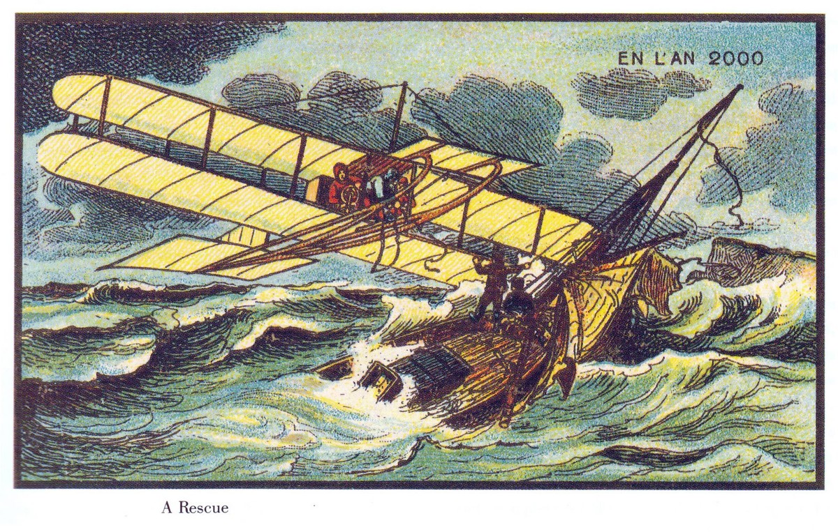 En L'An 2000: Aerial Rescue at Sea — French Futurist Postcard c.1900