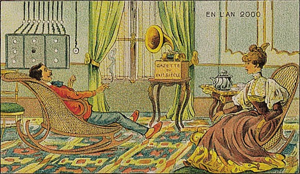 En L'An 2000: French Chromolithograph Card Imagining the News of the Future