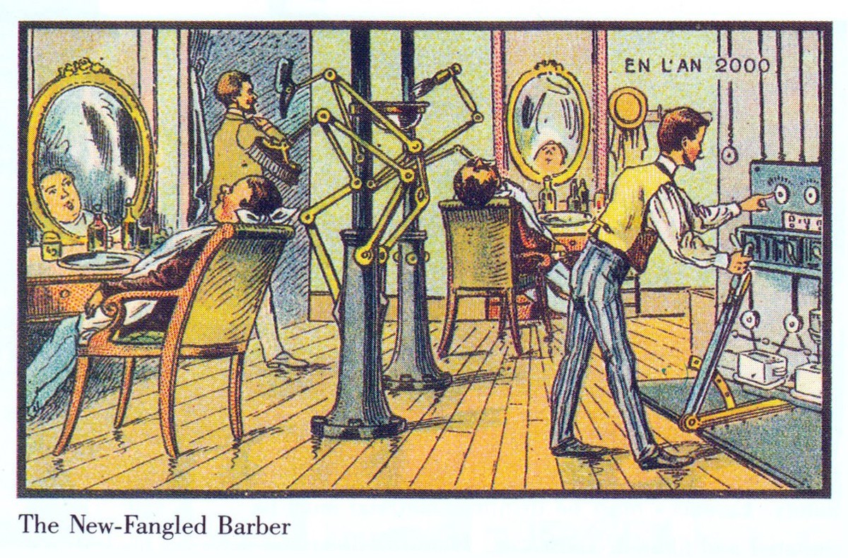 En L'An 2000: The Automated Barber Shop, French Futurist Postcard c.1900