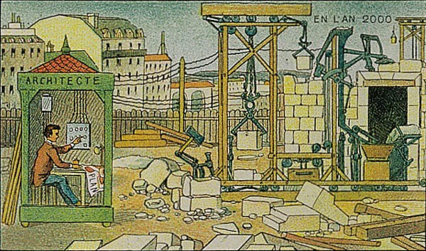 En L'An 2000: Automated Construction Site, French Retro-Futurist Postcard c.1900
