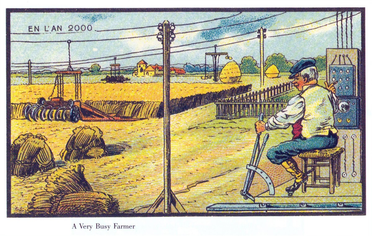 En L'An 2000: Remote-Controlled Electric Farming, French Futurist Postcard c.1900