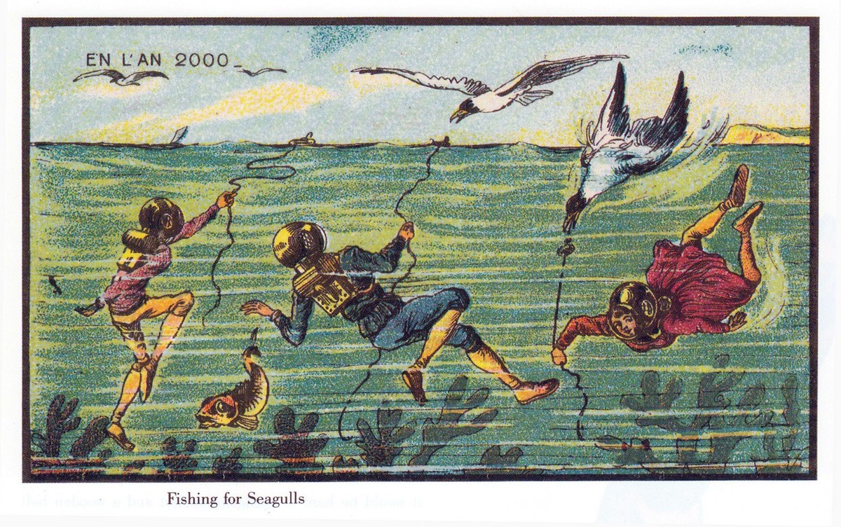 En L'An 2000: Underwater Seagull Fishing, French Futurist Postcard c.1900
