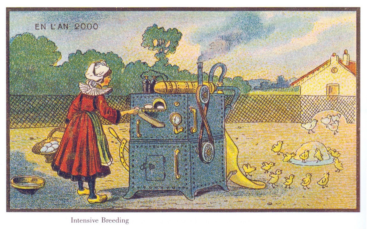En L'An 2000: Steam-Powered Egg Incubator, French Futurist Postcard c.1900