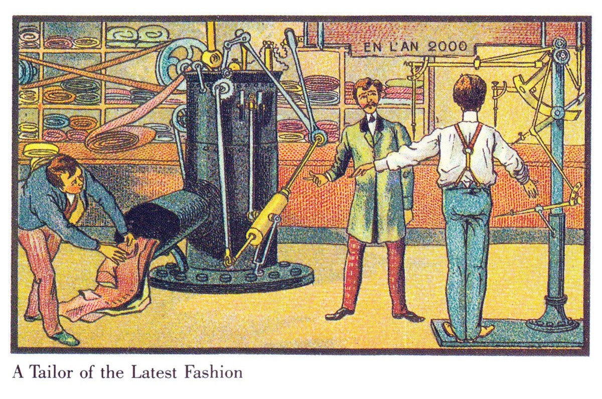 En L'An 2000: Automated Tailor Shop, French Retro-Futurist Trade Card c.1900