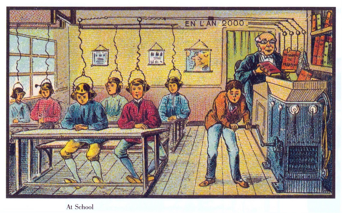En L'An 2000: Electric Knowledge Transfer Classroom, c.1900 French Postcard