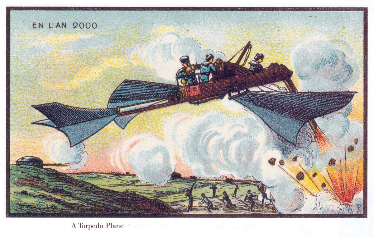 En L'An 2000: Torpedo Plane Bombing Run, French Futurist Postcard c.1900