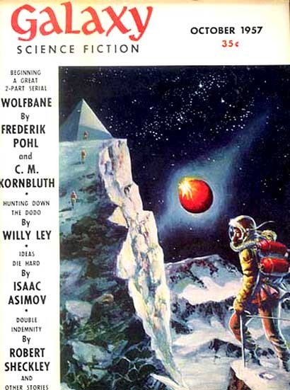 Galaxy Science Fiction Oct 1957 — Spacesuited Astronaut on Alien Moon Cover