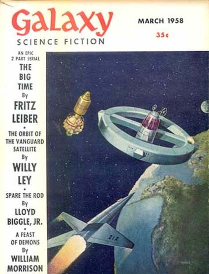 Galaxy Science Fiction March 1958 — Space Station and Rocket Over Earth
