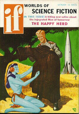 Blue-Skinned Alien Woman Kneels Before Human, If Magazine Oct 1959