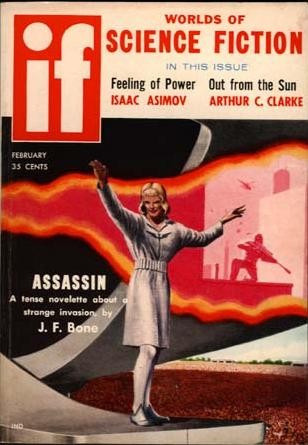 IF Magazine Feb 1957 — 'Assassin' Cover with Woman and Shadow Gunman