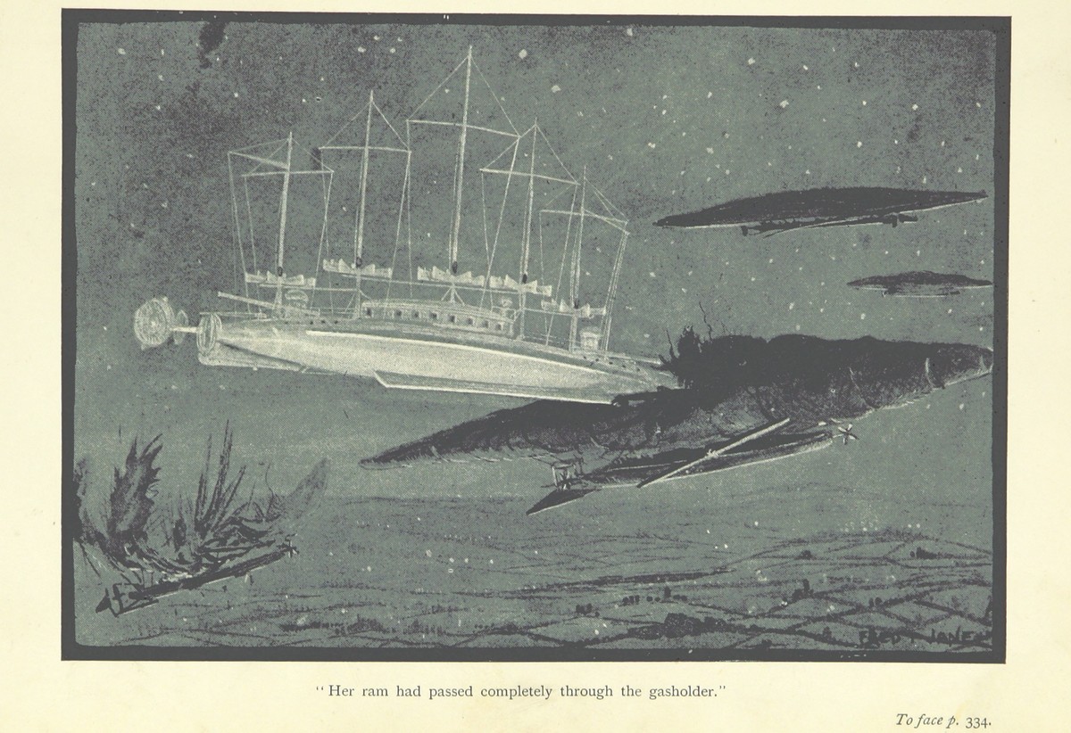 Aerial Warship Rams Gasholder — Fred Jane's Victorian Air-War Fiction, c.1895