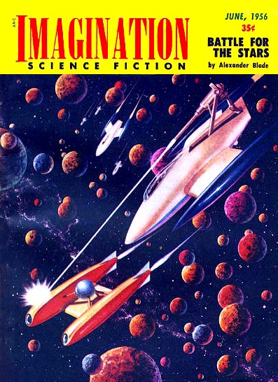 Space Dogfight in Asteroid Belt — Imagination Science Fiction, June 1956