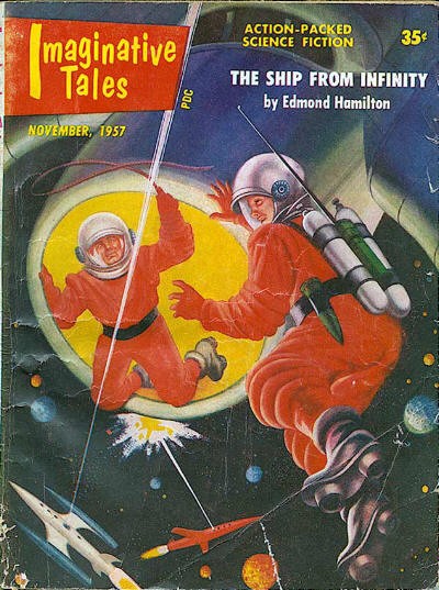Astronauts Battle in Zero-G, Imaginative Tales Nov 1957 Cover