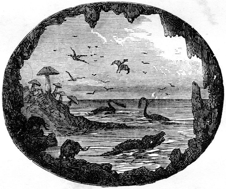 Prehistoric Lost World Cavern Vista — Plesiosaurs & Pterodactyls, Victorian Engraving