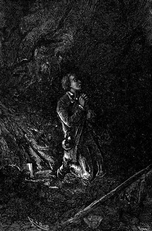 Man Kneeling in Dark Cave — Jules Verne Underground Adventure Engraving