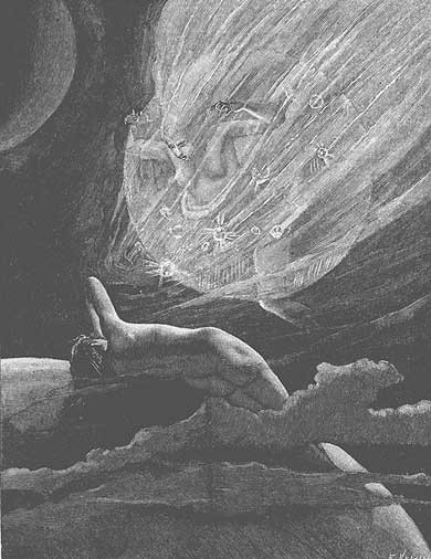 Cosmic Dreamer Confronts Celestial Serpent Vision — Symbolist Sci-Fi c.1900s