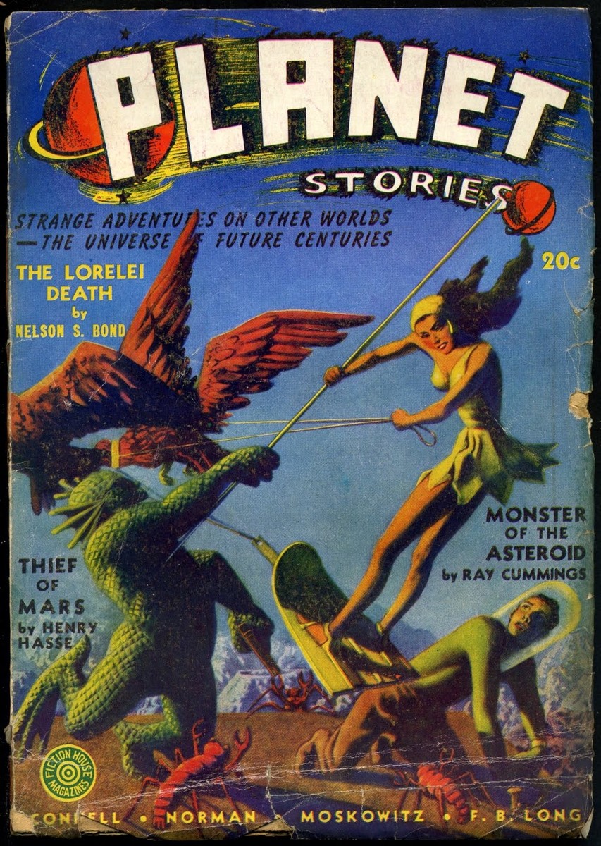Planet Stories Cover: Woman Rides Winged Dragon Over Alien Monsters, 1940s