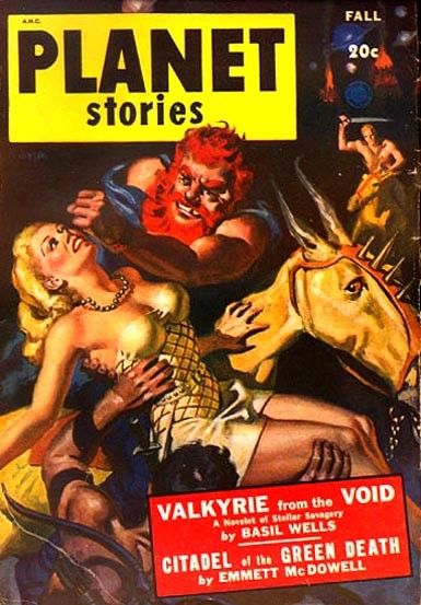 Planet Stories Fall 1942 — Red-Skinned Alien Brute Menaces Blonde in Golden Armor