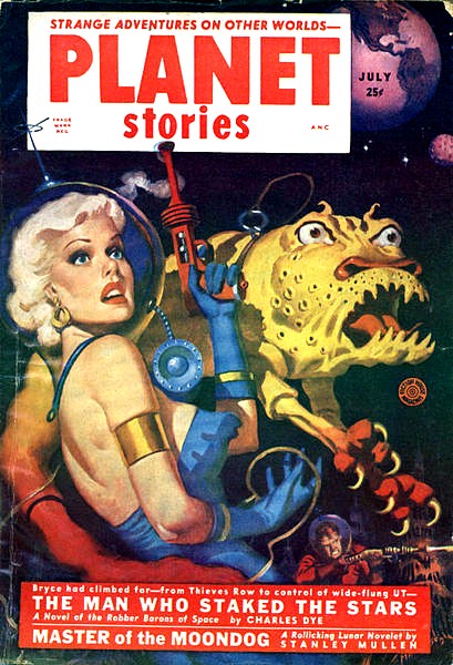 Planet Stories July 1952 — Blonde Spacewoman Battles Yellow Alien Monster
