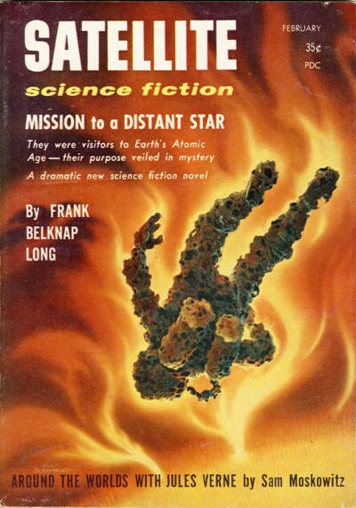 Satellite Science Fiction Feb 1958 — Alien Entity in Cosmic Flames Cover