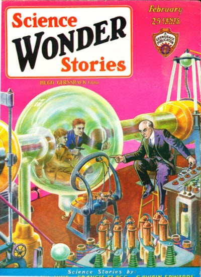 Science Wonder Stories Feb 1930: Mad Scientist Traps Two Men in Glass Globe