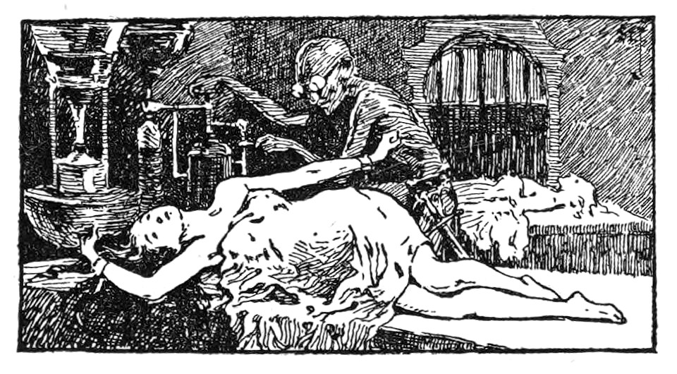 Mad Scientist Conducts Gruesome Experiment on Prone Figure — Victorian Sci-Fi