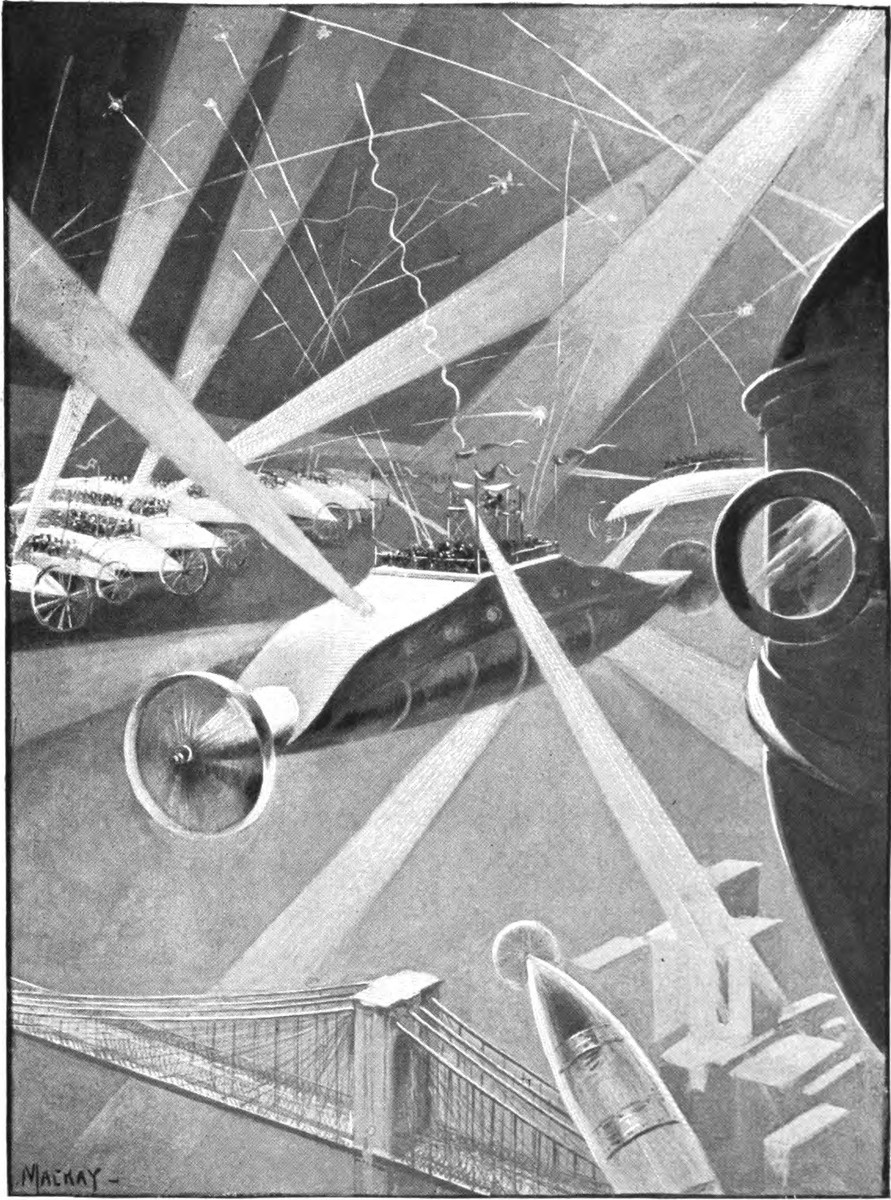 Mackay's Aerial Warfare Searchlight Battle — Early Sci-Fi War Illustration