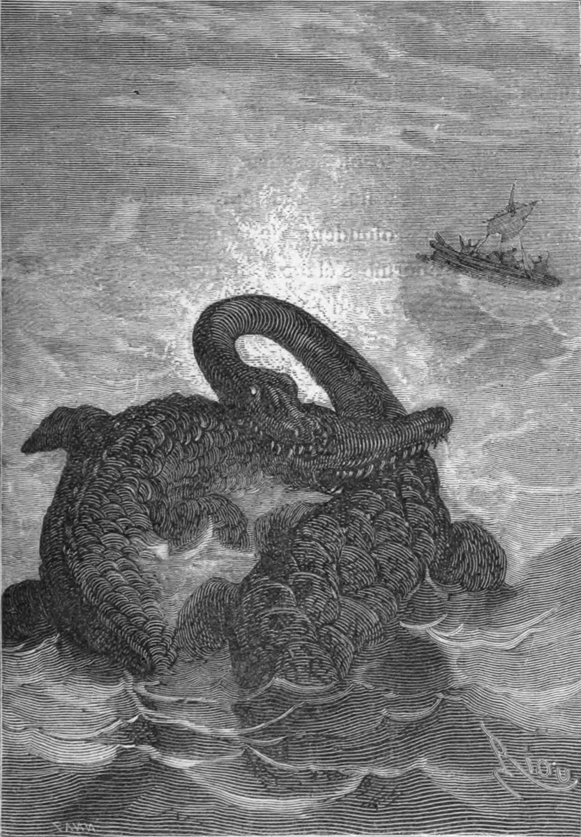 Giant Sea Serpent Emerges Before Sailing Vessel — Verne Era Engraving