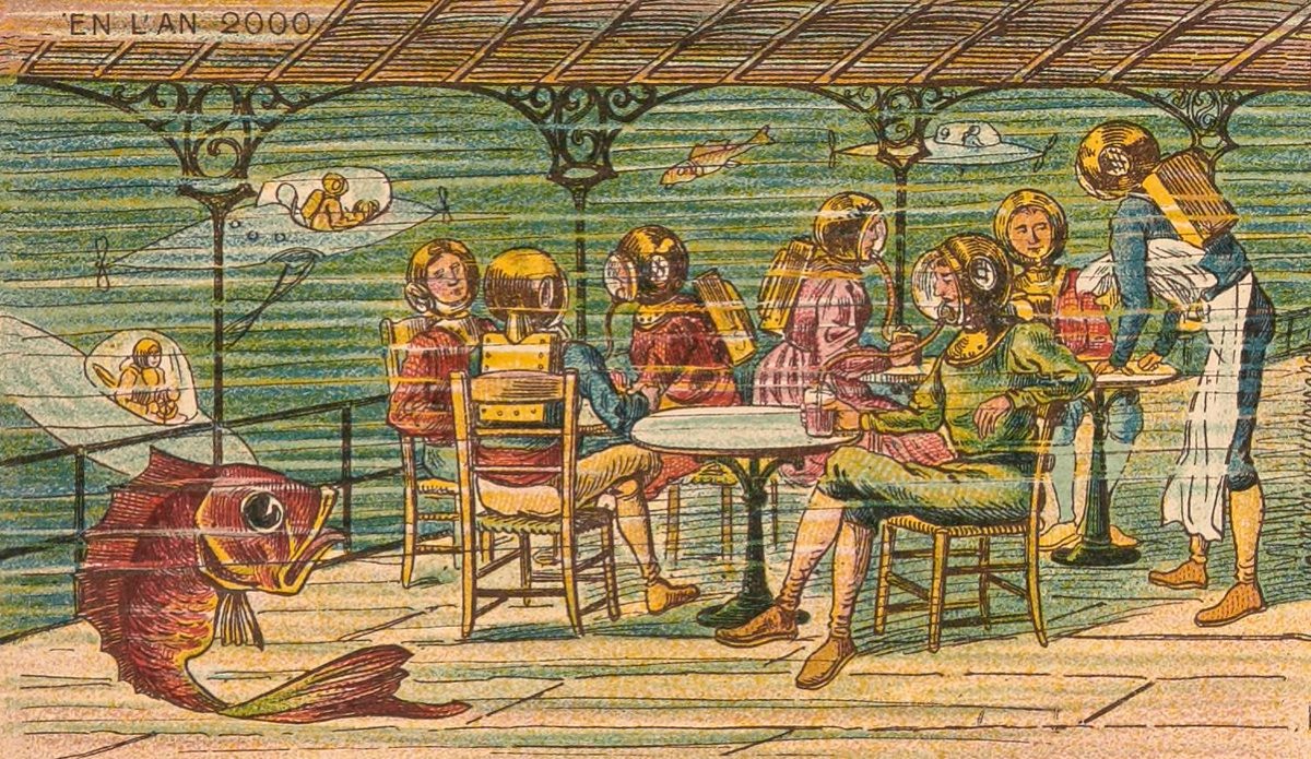 En L'An 2000: Underwater Café with Diving Helmets, French Futurist Postcard