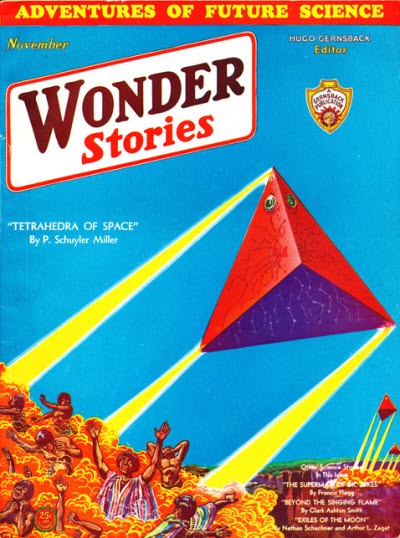 Wonder Stories Nov 1931 — Tetrahedra of Space Alien Pyramid Attack Cover