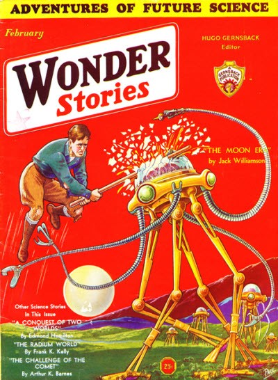 Wonder Stories Feb 1932 – Man Battles Alien War Machine, Moon Era