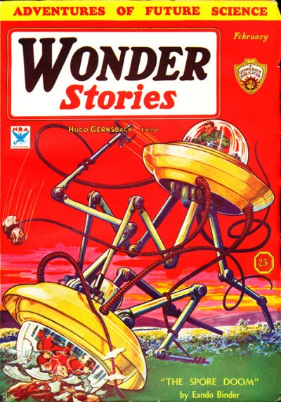 Wonder Stories Feb 1934 — Spider-Legged War Machines Battle in Crimson Sky