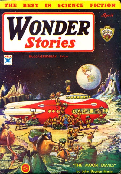 Wonder Stories April 1934 – Moon Devils Swarm Red Rocket on Lunar Surface