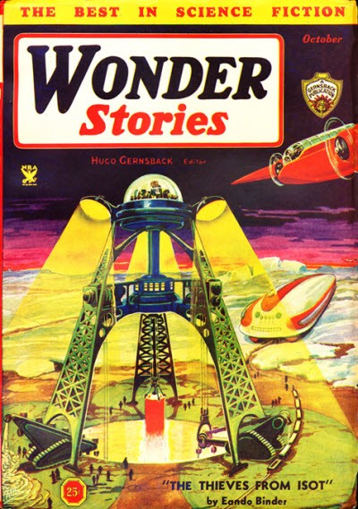 Wonder Stories Oct 1932 — Futuristic Tower & Rocket Ships Over Alien Landscape