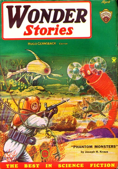 Wonder Stories April Cover: Deep-Sea Diver Battles Alien Creatures, 1930s