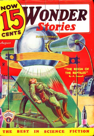Wonder Stories Aug 1935: Human Subject Under Reptilian Ray Machine