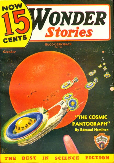 Wonder Stories Oct 1931: Frank R. Paul's Ringed Saucers at Giant Red Planet
