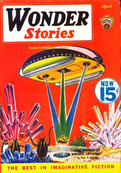 Wonder Stories April 1934: Flying Saucer Over Singing Crystal World