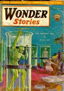 Wonder Stories 'The Synthetic Men' Cover – Green Android Lab Scene 1930s