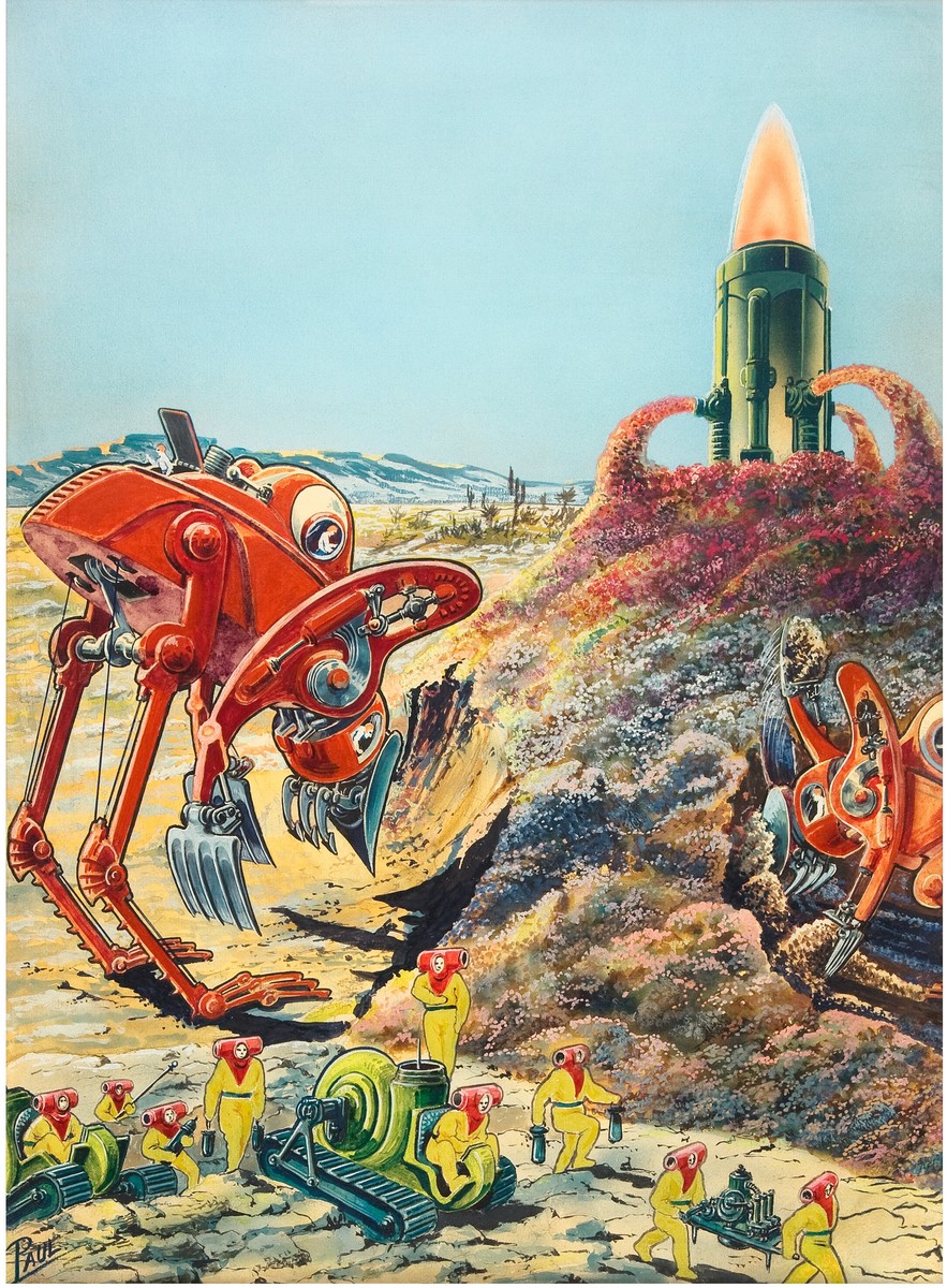 Frank R. Paul's Giant Mining Robots Excavate Alien World, Amazing Stories