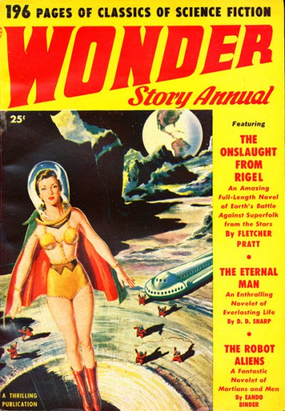 Wonder Story Annual 1950s Space Heroine Cover — Onslaught From Rigel