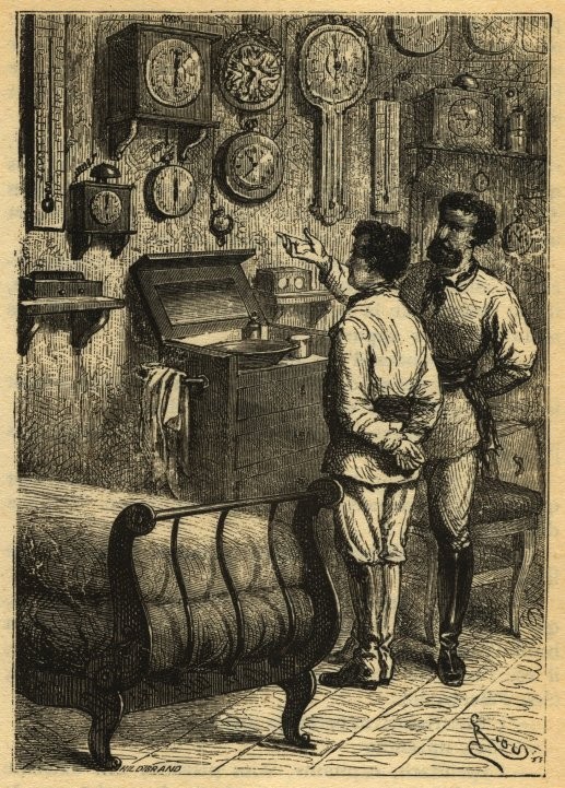Jules Verne's Clock-Covered Laboratory — Victorian Wood Engraving, 1870s