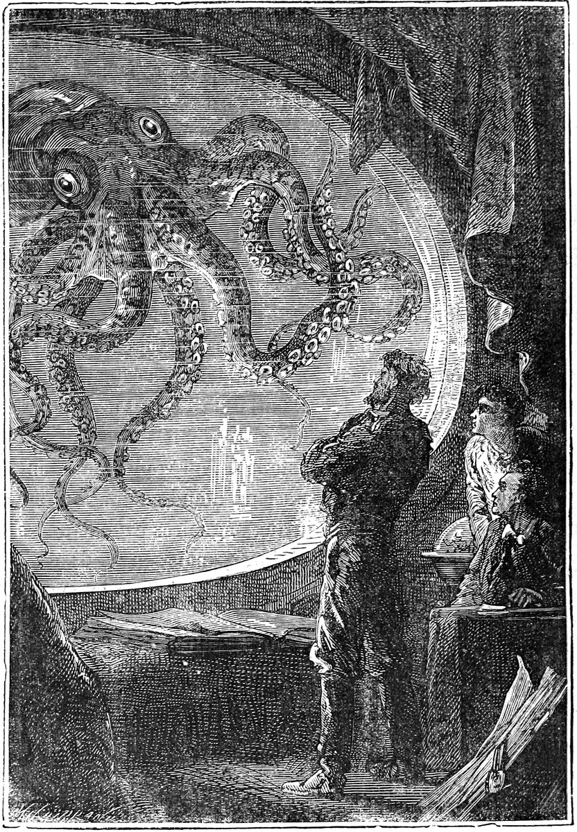 Giant Squid Attacks Nautilus Porthole — Verne's 20,000 Leagues Engraving