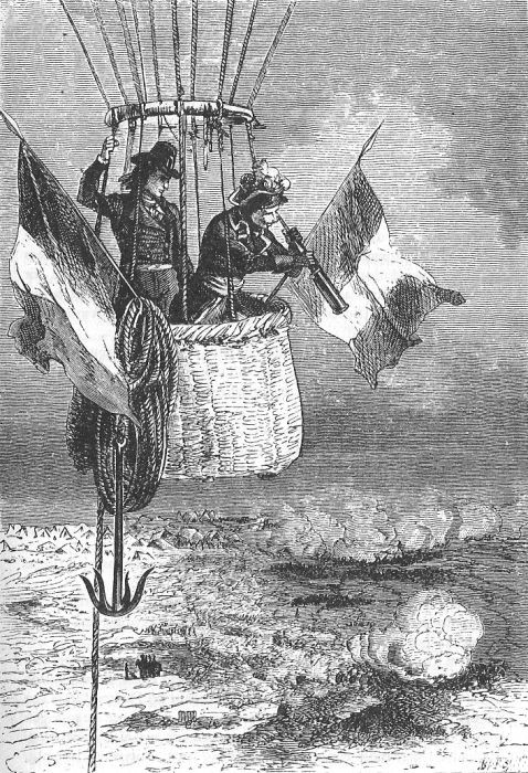 Balloon Observers Survey a Battlefield — Jules Verne Era Engraving, c.1870s