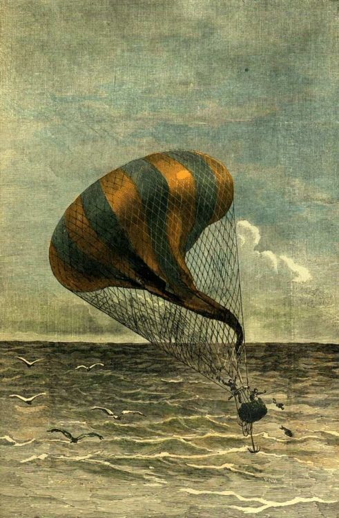 Stricken Balloon Over Open Sea — Victorian Aeronautic Adventure Illustration