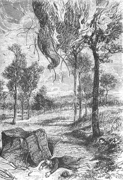Burning Balloon Disaster Over Fallen Aeronaut — Jules Verne Victorian Engraving