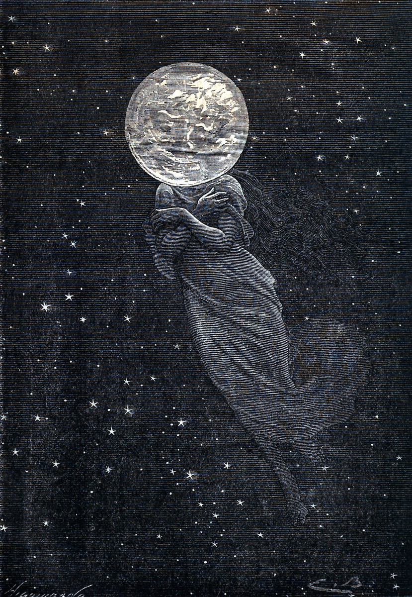 Lunar Goddess Holds the Moon — Émile Bayard Engraving, Jules Verne c.1870s
