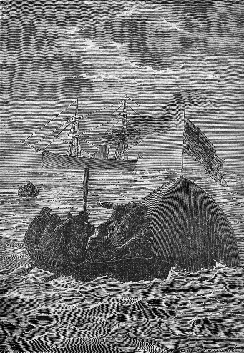 Jules Verne's Around the Moon — Survivors Cling to Capsule at Sea, 1870s