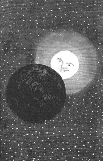Anthropomorphic Moon Peers From Shadow — Verne-Era Lunar Engraving c.1870s